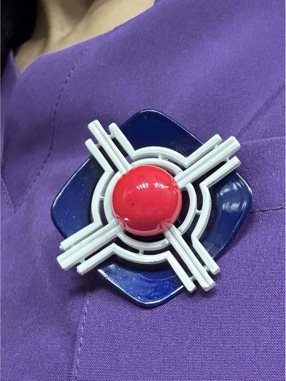 Vtg 1980s Modernist Geometric Brooch Pin Blue White Red Enamel Pop Art Statement